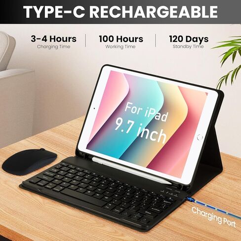 حافظة لجهاز iPad Pro 9.7 بوصة مع لوحة مفاتيح وماوس لجهاز iPad 2018 (الجيل السادس)/ 2017 (الجيل الخامس)، حافظة لوحة مفاتيح iPad Pro/Air 2/1 2016 مع ماوس، غطاء لوحة مفاتيح لاسلكية بلوتوث مع حامل أقلام، أسود in Kuwait