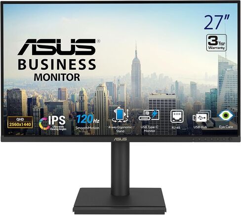 شاشة إرساء ASUS مقاس 27 بوصة 1440 بكسل USB-C RJ45 (BE27ACGN) - QHD (2560x1440)، IPS، 120 هرتز، بدون إطار، مكبرات صوت، ارتفاع قابل للتعديل، سلسلة DisplayPort Daisy، مزامنة الطاقة، العناية بالعين، ضمان لمدة 3 سنوات in Kuwait