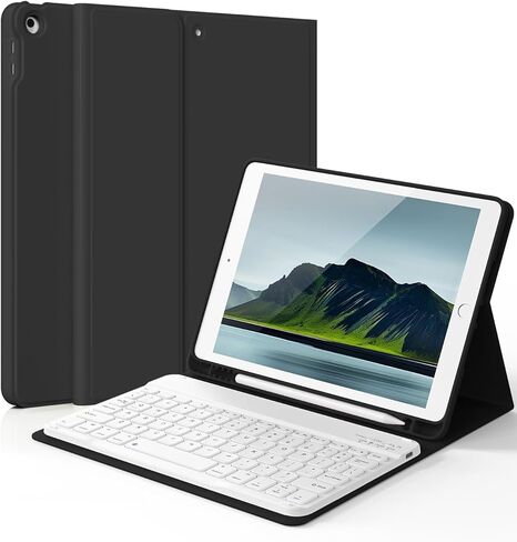حافظة لجهاز iPad الجيل التاسع/الثامن/السابع مع لوحة مفاتيح مقاس 10.2 بوصة 2021/2020/2019، لوحة مفاتيح قابلة للفصل بإضاءة خلفية بـ 7 ألوان، غطاء حامل خلفي ناعم من مادة TPU مع فتحات قلم رصاص، أبيض in Kuwait