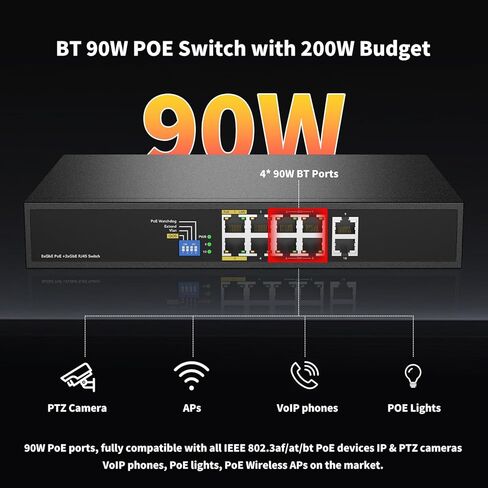 8 Port Full Gigabit PoE++ Switch, 4 BT 90W & 4 at 30W Ports, 2 Gigabit Uplink, Total Budget 200W, 802.3af/at/bt Compliant, Compatible with PTZ PoE IP Cameras, VOIP Phones, AP, PoE Light in Saudi Arabia