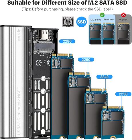 M.2 SATA SSD Enclosure Adapter,USB3.2 Gen1 5Gbps Type-C to SATA NGFF Based M.2 Solid State Drive Adapter Reader,Support B-Key(B+M Key) Silver in Saudi Arabia