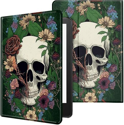 Case for All-New Kindle 11th/12th Generation 6 inch 2022/2024 Release Lightweight Protective PU Leather Smart Stand Cover with Auto Wake Sleep Case - Flower Skull in Saudi Arabia