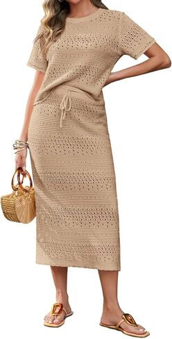 Tankaneo Womens Crochet Cover Up 2 Piece Skirt Sets Short Sleeve Knit Top Midi Skirt Vacation Travel Outfits in Saudi Arabia