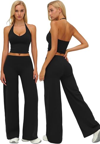 Womens Workout Sets Two Piece Spaghetti Straps Crop Top Matching Straight Leg Pants Gym Work Pilates Outfits in Saudi Arabia