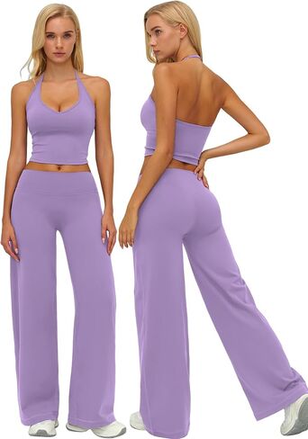 Womens Workout Sets Two Piece Spaghetti Straps Crop Top Matching Straight Leg Pants Gym Work Pilates Outfits in Saudi Arabia