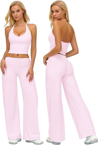 Womens Workout Sets Two Piece Spaghetti Straps Crop Top Matching Straight Leg Pants Gym Work Pilates Outfits in Saudi Arabia