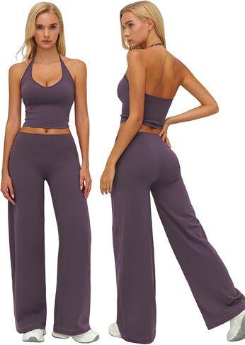 Womens Workout Sets Two Piece Spaghetti Straps Crop Top Matching Straight Leg Pants Gym Work Pilates Outfits in Saudi Arabia