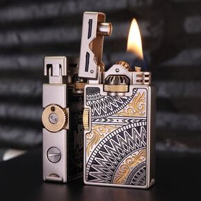 Vintage Metal Lighter, Hand Engraved Sliding Gear Lgnition Soft Flame Lighter for Men Dad Husband Collect (Fuel Not Included) (Silver) in Saudi Arabia