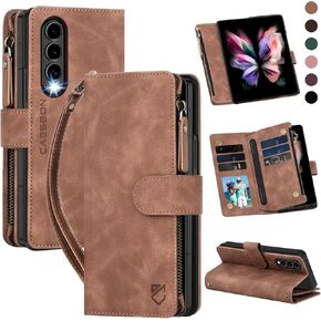 for Samsung Galaxy-Z-Fold-5 Wallet Case: with RFID Blocking Card Slots (6 Cards) & Hidden S Pen Holder | Soft PU Leather Magnetic Snap Zipper Wrist Strap Protective Phone Cover - Brown in Saudi Arabia