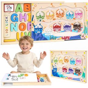 صندوق ألعاب المتاهة 4 في 1 باللون المغناطيسي والأرقام مع لوحة رسم ألغاز الحروف الأبجدية، لعبة مونتيسوري للتخزين الخشبي لعمر 3-5 سنوات، هدايا ألعاب تعليمية للأطفال الصغار للأطفال الأولاد والبنات in Kuwait