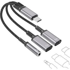 محول سماعة رأس وشاحن USB-C إلى 3.5 مم، 3 في 1 USB C إلى 60 وات شحن سريع لسماعات رأس USB C وسلك دونجل مقبس صوت Aux، متوافق مع iPhone 17/16/15 Pro Max وiPad وGalaxy S25 S24 Ultra in Kuwait