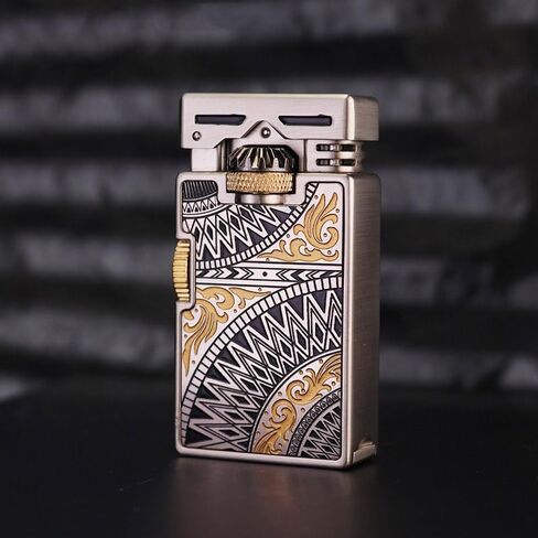Vintage Metal Lighter, Hand Engraved Sliding Gear Lgnition Soft Flame Lighter for Men Dad Husband Collect (Fuel Not Included) (Silver) in Saudi Arabia