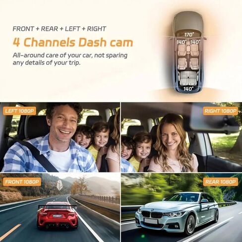 360 Degree View 4 Channel Dash Cam Front and Rear Inside Left Right, Dash Camera for Cars, 1080P Full HD 170 Deg Wide Angle Dashboard Camera with 64GB Card,G-Sensor,Loop Recording，Night Vision in Saudi Arabia