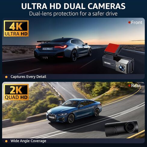 4K+2K Dash Cam Front and Rear,3.69" Touch Screen, Built-in GPS, G-Sensor, Night Vision, Loop Recording,5.8GHz WiFi 170°Wide Angle, 24H Parking Mode, Free 128GB Card Included,Support 256GB Max in Saudi Arabia
