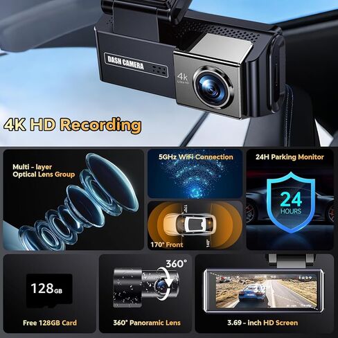4K+2K Dash Cam Front and Rear,3.69" Touch Screen, Built-in GPS, G-Sensor, Night Vision, Loop Recording,5.8GHz WiFi 170°Wide Angle, 24H Parking Mode, Free 128GB Card Included,Support 256GB Max in Saudi Arabia