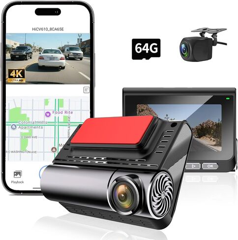 Dash Cam Front and Rear, 4K/2.5K Dual Channel Dashboard Camera Recorder, Night Vision, with Built-in Wi-Fi, GPS, App Control, Wide Angle, 24 Hours Parking Mode, G-Sensor, Included 64GB Card in Saudi Arabia
