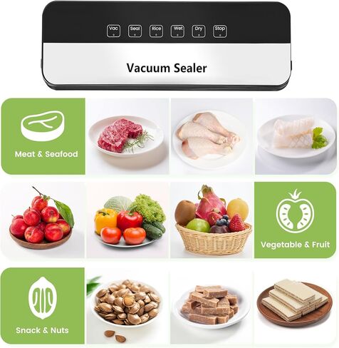 ماكينة تغليف الطعام بتفريغ الهواء بقدرة 75 كيلو باسكال مع أوضاع جافة/رطبة 6 في 1 وتصميم مدمج خفيف الوزن، مع 20 كيسًا (أسود) in Kuwait