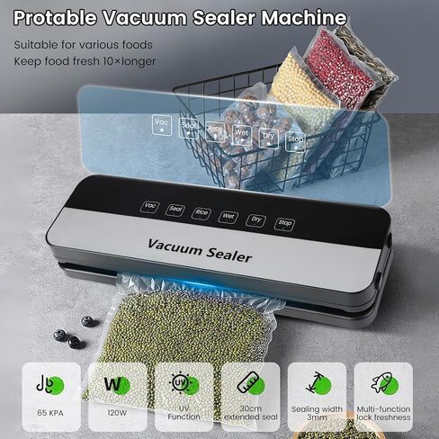 ماكينة تغليف الطعام بتفريغ الهواء بقدرة 75 كيلو باسكال مع أوضاع جافة/رطبة 6 في 1 وتصميم مدمج خفيف الوزن، مع 20 كيسًا (أسود) in Kuwait