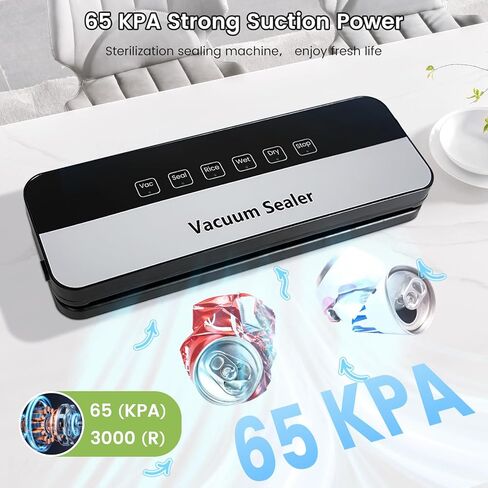 ماكينة تغليف الطعام بتفريغ الهواء بقدرة 75 كيلو باسكال مع أوضاع جافة/رطبة 6 في 1 وتصميم مدمج خفيف الوزن، مع 20 كيسًا (أسود) in Kuwait