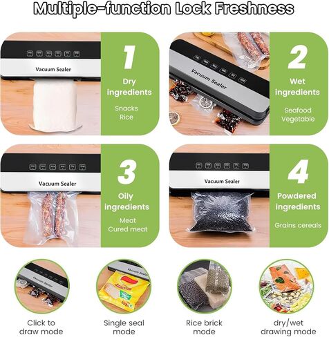 ماكينة تغليف الطعام بتفريغ الهواء بقدرة 75 كيلو باسكال مع أوضاع جافة/رطبة 6 في 1 وتصميم مدمج خفيف الوزن، مع 20 كيسًا (أسود) in Kuwait