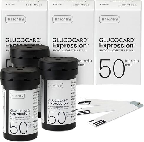 شرائط اختبار الجلوكوز في الدم من ARKRAY GLUCOCARD - بدون ترميز، 0.8 ميكروليتر ونتائج سريعة خلال 6 ثوانٍ - متوافقة مع جهاز قياس السكر في الدم من GLUCOCARD - عدد 200 (4 عبوات من 50) in Kuwait