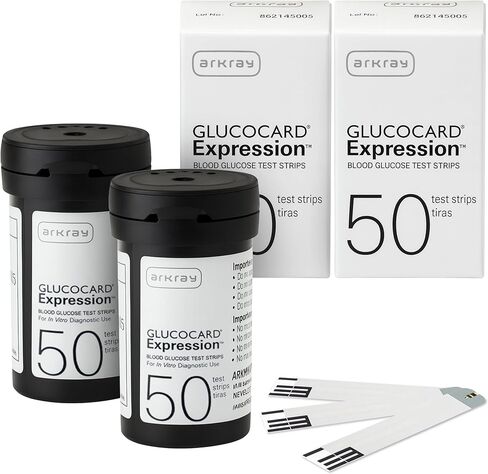 شرائط اختبار الجلوكوز في الدم من ARKRAY GLUCOCARD - بدون ترميز، 0.8 ميكروليتر ونتائج سريعة خلال 6 ثوانٍ - متوافقة مع جهاز قياس السكر في الدم من GLUCOCARD - عدد 200 (4 عبوات من 50) in Kuwait