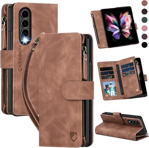 for Samsung Galaxy-Z-Fold-5 Wallet Case: with RFID Blocking Card Slots (6 Cards) & Hidden S Pen Holder | Soft PU Leather Magnetic Snap Zipper Wrist Strap Protective Phone Cover - Brown in Saudi Arabia