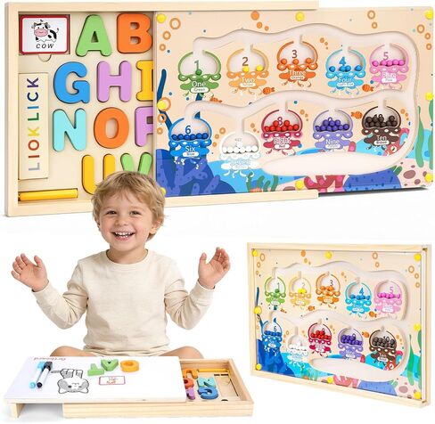 صندوق ألعاب المتاهة 4 في 1 باللون المغناطيسي والأرقام مع لوحة رسم ألغاز الحروف الأبجدية، لعبة مونتيسوري للتخزين الخشبي لعمر 3-5 سنوات، هدايا ألعاب تعليمية للأطفال الصغار للأطفال الأولاد والبنات in Kuwait