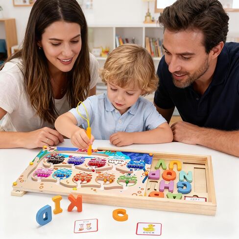 صندوق ألعاب المتاهة 4 في 1 باللون المغناطيسي والأرقام مع لوحة رسم ألغاز الحروف الأبجدية، لعبة مونتيسوري للتخزين الخشبي لعمر 3-5 سنوات، هدايا ألعاب تعليمية للأطفال الصغار للأطفال الأولاد والبنات in Kuwait