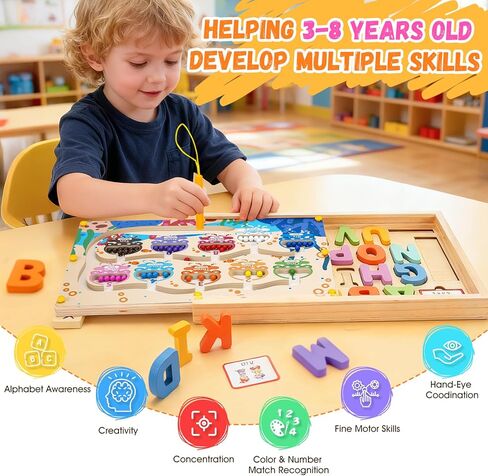 صندوق ألعاب المتاهة 4 في 1 باللون المغناطيسي والأرقام مع لوحة رسم ألغاز الحروف الأبجدية، لعبة مونتيسوري للتخزين الخشبي لعمر 3-5 سنوات، هدايا ألعاب تعليمية للأطفال الصغار للأطفال الأولاد والبنات in Kuwait
