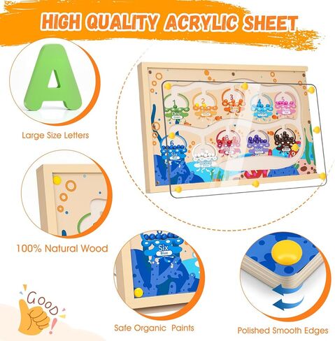 صندوق ألعاب المتاهة 4 في 1 باللون المغناطيسي والأرقام مع لوحة رسم ألغاز الحروف الأبجدية، لعبة مونتيسوري للتخزين الخشبي لعمر 3-5 سنوات، هدايا ألعاب تعليمية للأطفال الصغار للأطفال الأولاد والبنات in Kuwait