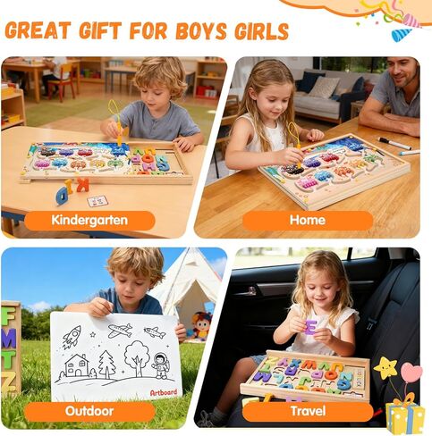 صندوق ألعاب المتاهة 4 في 1 باللون المغناطيسي والأرقام مع لوحة رسم ألغاز الحروف الأبجدية، لعبة مونتيسوري للتخزين الخشبي لعمر 3-5 سنوات، هدايا ألعاب تعليمية للأطفال الصغار للأطفال الأولاد والبنات in Kuwait