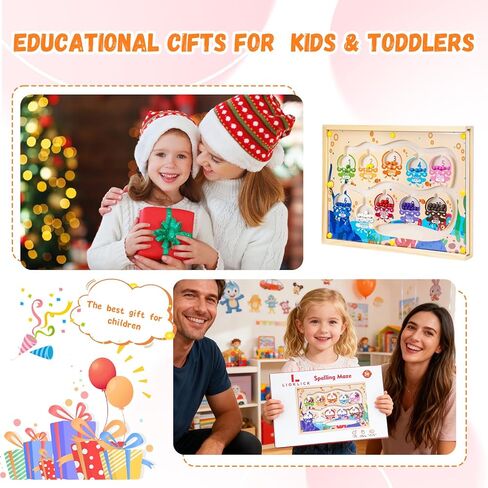 صندوق ألعاب المتاهة 4 في 1 باللون المغناطيسي والأرقام مع لوحة رسم ألغاز الحروف الأبجدية، لعبة مونتيسوري للتخزين الخشبي لعمر 3-5 سنوات، هدايا ألعاب تعليمية للأطفال الصغار للأطفال الأولاد والبنات in Kuwait