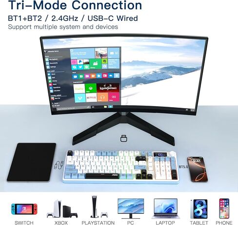AOC GK210 Wireless Gaming Keyboard with Display & Knob, Tri-Mode BT5.0/2.4GHz/Wired Connectivity RGB Backlit Keyboard with Number Pad, 98-Key Layout, 26-Key Anti-Ghosting, Compatible for Mac, Windows in Saudi Arabia