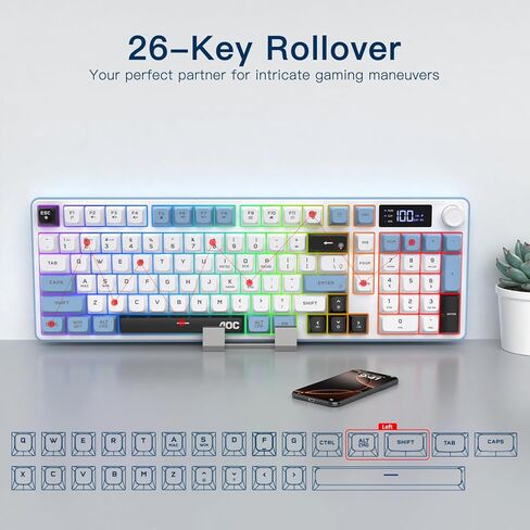 AOC GK210 Wireless Gaming Keyboard with Display & Knob, Tri-Mode BT5.0/2.4GHz/Wired Connectivity RGB Backlit Keyboard with Number Pad, 98-Key Layout, 26-Key Anti-Ghosting, Compatible for Mac, Windows in Saudi Arabia