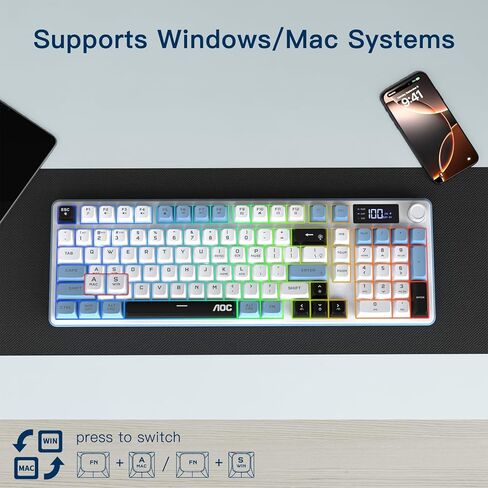AOC GK210 Wireless Gaming Keyboard with Display & Knob, Tri-Mode BT5.0/2.4GHz/Wired Connectivity RGB Backlit Keyboard with Number Pad, 98-Key Layout, 26-Key Anti-Ghosting, Compatible for Mac, Windows in Saudi Arabia