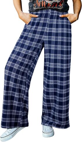 Acelitt Womens Casual Checkered Pants Elastic Waist Comfy Loose Wide Leg Pants with Pockets in Saudi Arabia
