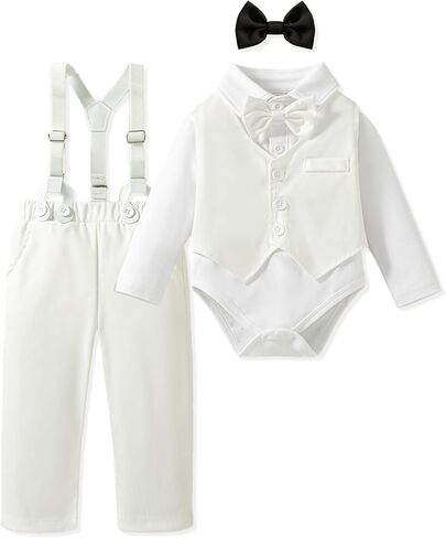 NZRVAWS Newborn Baby Boy Clothes Suit Tuxedo Baptism Outfit Christening Top+Suspenders Pants+Vest+Bow Tie 5PCS 0-24 Months in Kuwait