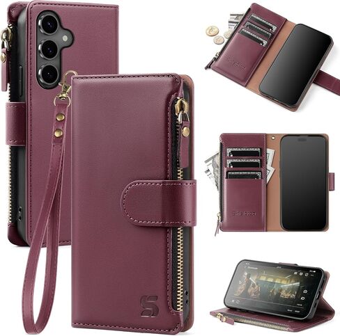 Compatible with Samsung Galaxy S25 Wallet Case with Card Holder,Women Men RFID Blocking PU Leather Flip Cover Wrist Strap Zipper Credit Card Slots,Phone Case for Galaxy S25 6.2",Wine Red in Saudi Arabia