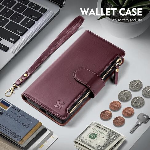 Compatible with Samsung Galaxy S25 Wallet Case with Card Holder,Women Men RFID Blocking PU Leather Flip Cover Wrist Strap Zipper Credit Card Slots,Phone Case for Galaxy S25 6.2",Wine Red in Saudi Arabia
