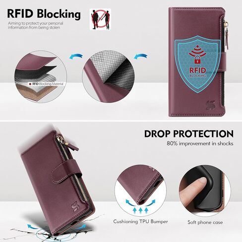 Compatible with Samsung Galaxy S25 Wallet Case with Card Holder,Women Men RFID Blocking PU Leather Flip Cover Wrist Strap Zipper Credit Card Slots,Phone Case for Galaxy S25 6.2",Wine Red in Saudi Arabia
