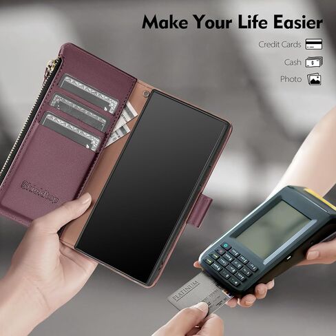 Compatible with Samsung Galaxy S25 Wallet Case with Card Holder,Women Men RFID Blocking PU Leather Flip Cover Wrist Strap Zipper Credit Card Slots,Phone Case for Galaxy S25 6.2",Wine Red in Saudi Arabia