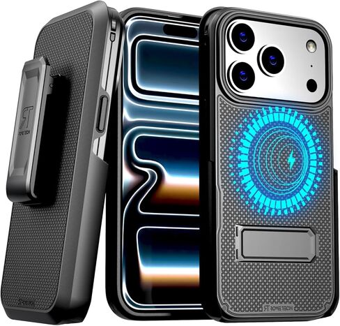 حافظة مصممة لهاتف iPhone 17 Pro مع حافظة بمشبك حزام - متوافقة مع غطاء الهاتف المغناطيسي شديد التحمل MagSafe مع مسند - أسود in Saudi Arabia
