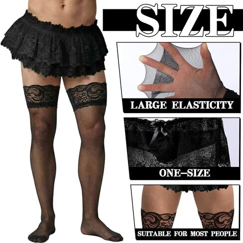 3 Pcs Sissy Accessories Men's Lace Skirt Thongs Panties Stockings Black Low Rise Lace Mesh Ruffled Lingerie Men's Sissy Outfit Femboys Underwear in Saudi Arabia