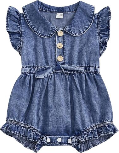 Ledy Champswiin Summer Infant Girl Clothes Fly Sleeve Button Bodysuits Denim Onesie Baby Girl Jean One Piece Outfit in Saudi Arabia