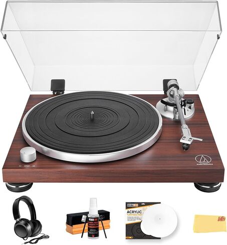 Audio-Technica AT-LPW40WN Fully Manual Belt-Drive Turntable - Walnut Bundle with Headphones, Cable, Slip Mat, Cleaning Kit, and Austin Bazaar Polishing Cloth in Saudi Arabia