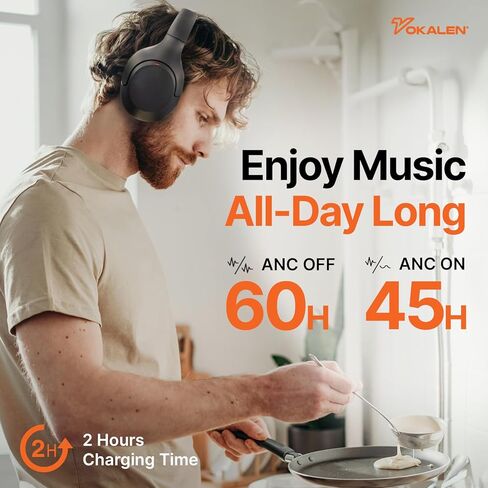 سماعات VOKALEN Hyper Pro Adaptive Active Noise Cancelling، سماعات رأس بلوتوث لاسلكية فوق الأذن مع ميكروفون، وقت تشغيل 60 ساعة، وسائد أذن شبكية مريحة، صوت عميق عالي الدقة (Pro، أسود) in Kuwait