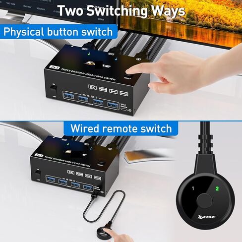 شاشات ثلاثية KVM Switch 2 Displayport + HDMI USB 3.0 KVM Switch 8K@60 هرتز، 4K@120 هرتز، تنطبق على 3 شاشات 2 أجهزة كمبيوتر KVM Switch (203DH US PLIG) in Saudi Arabia