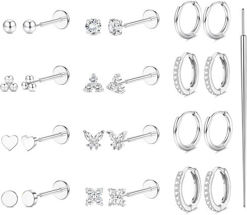 Sanfenly 12 Pairs 20G/18G/16G Flat Back Push in Stud Earrings Hypoallergenic Surgical Steel Threadless Nose Studs Rings Stud Hoop Earring Sets Cartilage Helix Tragus Conch Piercing Jewelry for Women in Kuwait