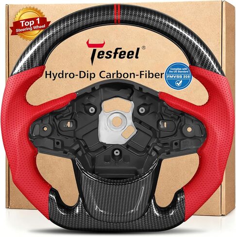 Hydro-Dip Carbon-Fiber Steering Wheel for Toyota Supra 2019–2024, D-Shaped Flat-Bottom, Red Leather Grip and Stitching, Dual Red Center Stripes, Hand-Stitched, for GR in Saudi Arabia